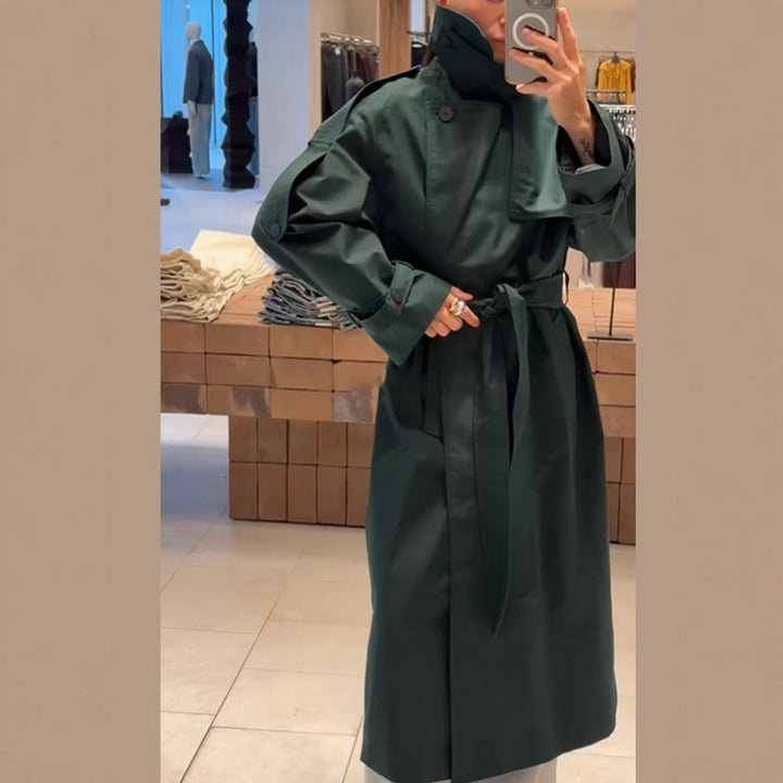 Women Long Water-Repellent Trench Coat with Waist Belt and High Stand Collar Mune Fashion