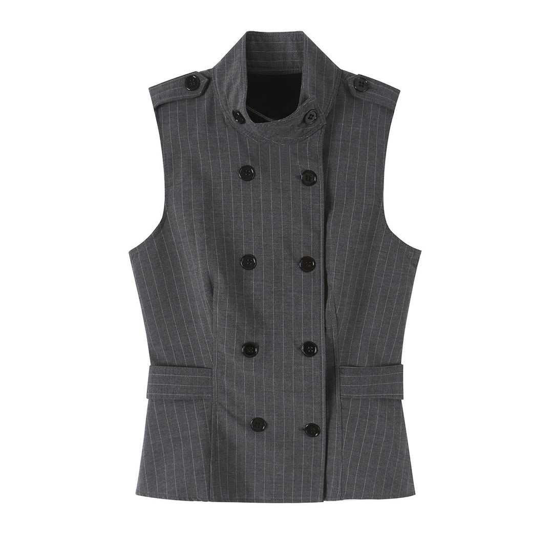 Women's Sleeveless Double-Breasted Pinstripe Waistcoat with Stand Collar Mune Fashion