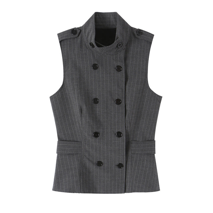 Women's Sleeveless Double-Breasted Pinstripe Waistcoat with Stand Collar Mune Fashion