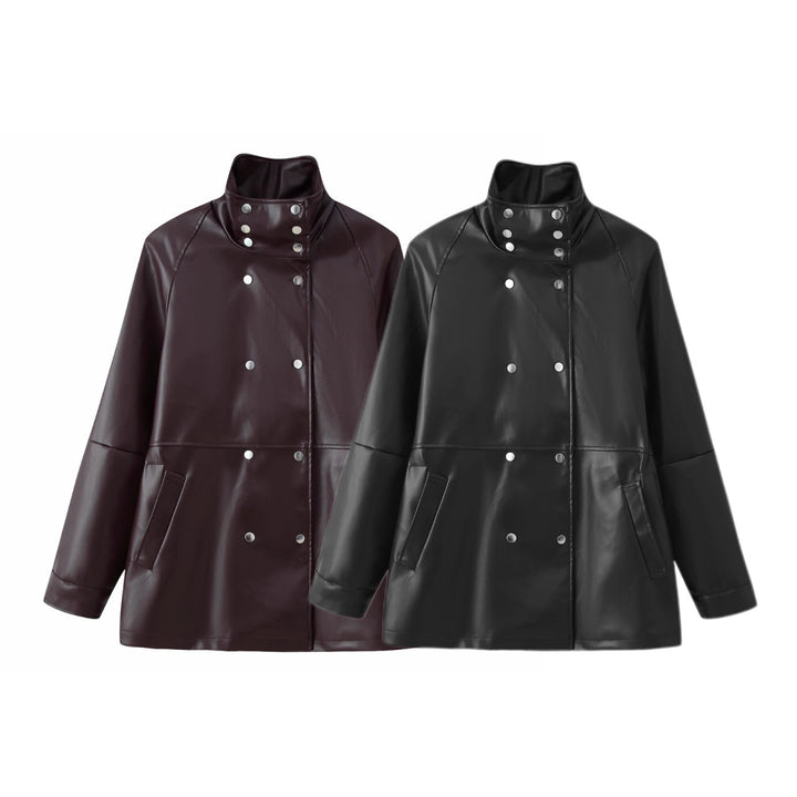 Women's Mid-Length Faux Leather Coat with High Stand-Up Collar and Double-Breasted Snap Buttons Mune Fashion