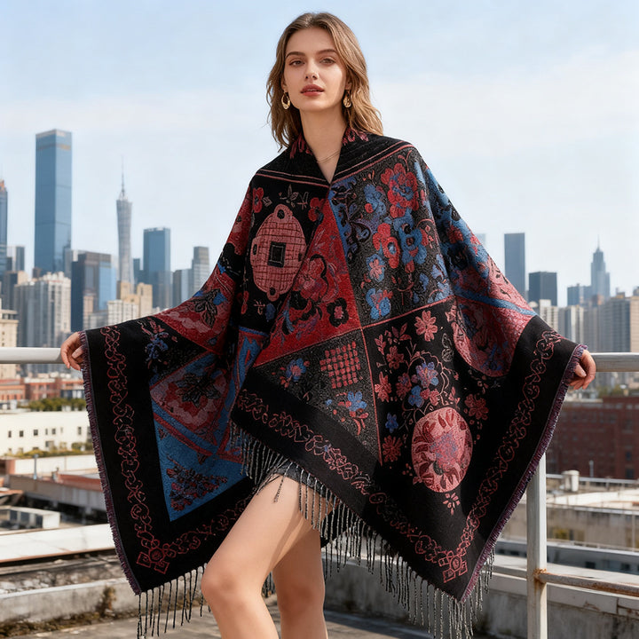 Women Jacquard Wool Blend Poncho with Patchwork Flower Pattern and Fringed Hem Mune Fashion