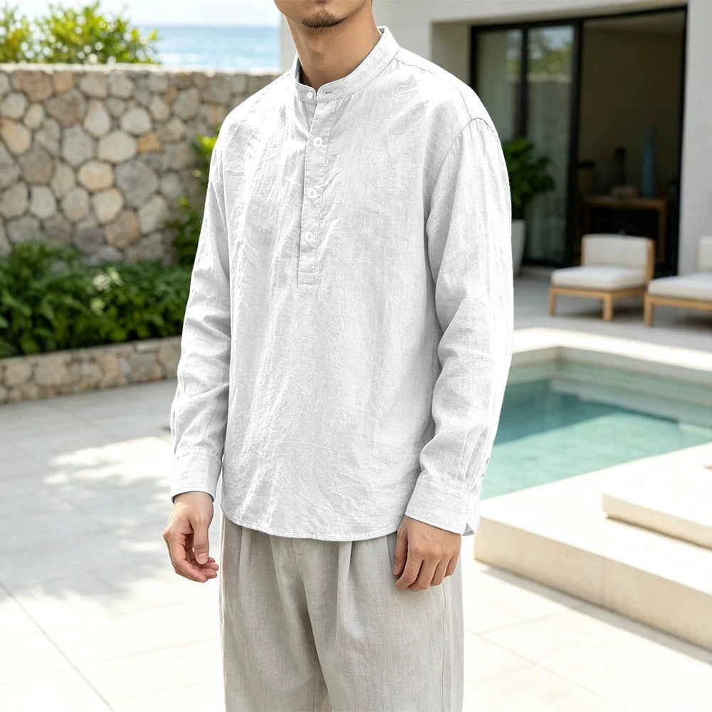 Men's Linen Blend Long Sleeve Henley Shirt with Stand Collar Mune Fashion