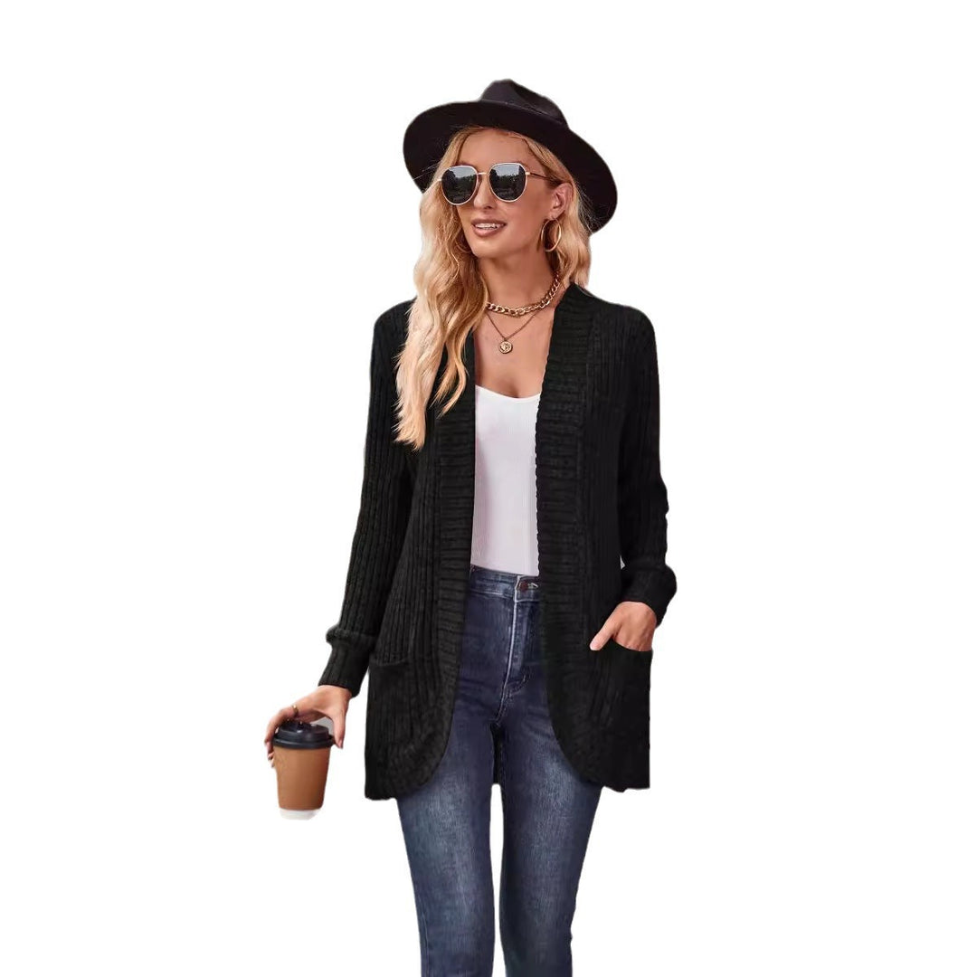 Women's longer ribbed cardigan with patch pockets and open front Mune Fashion