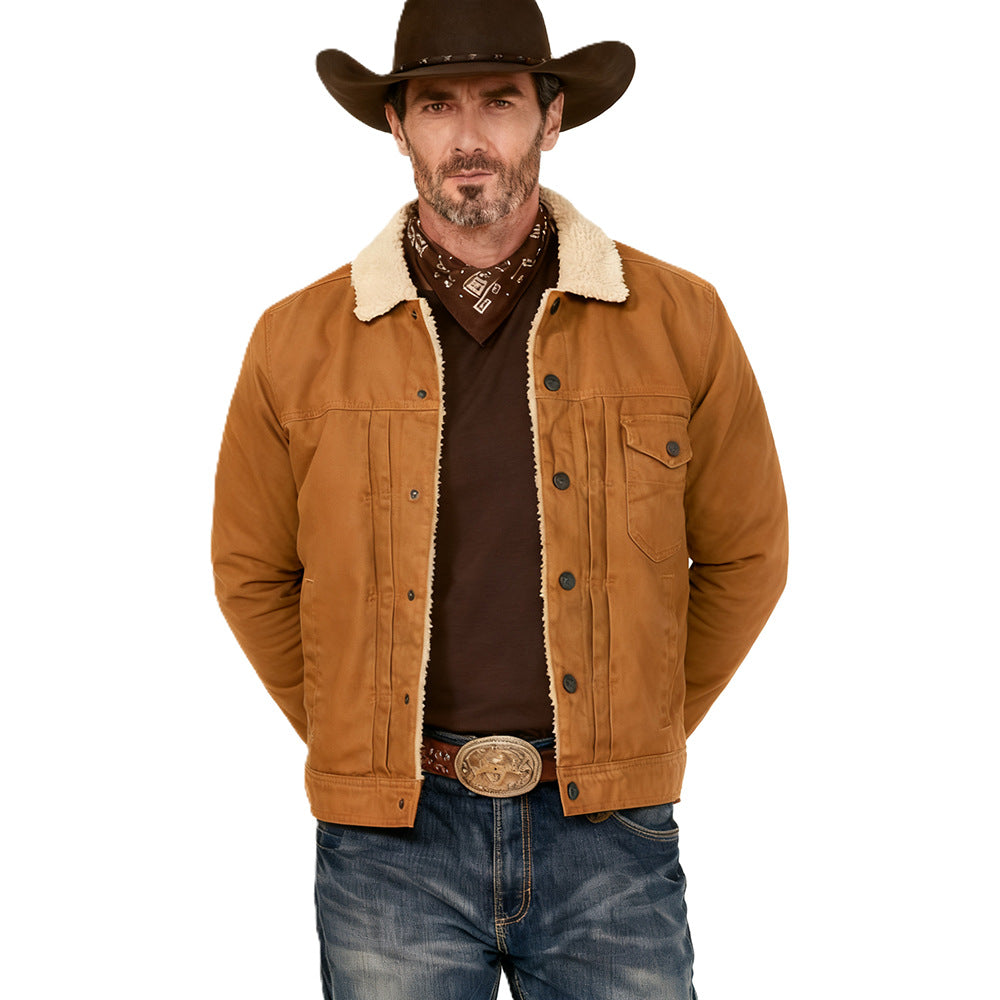 Men's Canvas Trucker Jacket with Teddy Lining and Cord Collar Mune Fashion