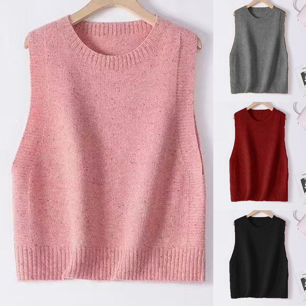 Women Knitted Oversize Sleeveless Vest with Round Neckline and Ribbed Cuffs Mune Fashion