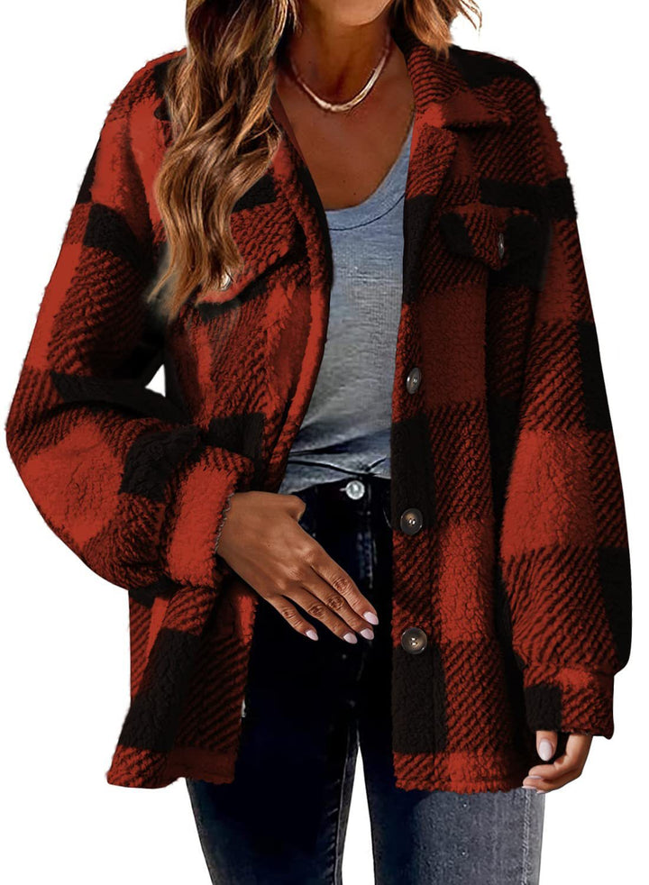 Women's cozy Sherpa check transitional jacket with chest pockets and generous oversized cut Mune Fashion