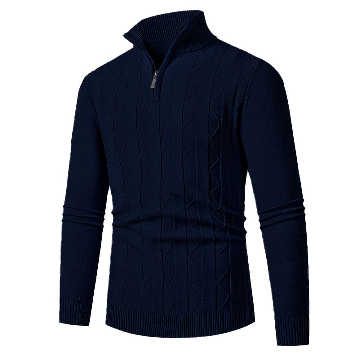 Men's fine knit half-zip sweater with cable pattern and stand-up collar Mune Fashion
