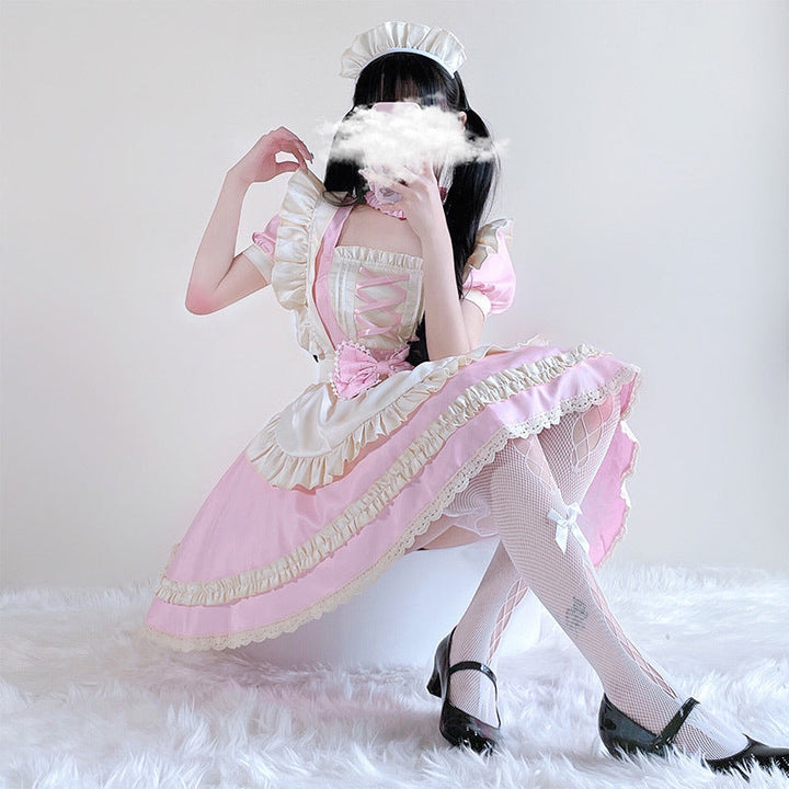 Ladies playful maid dress with ruffle details and satin accents Mune Fashion