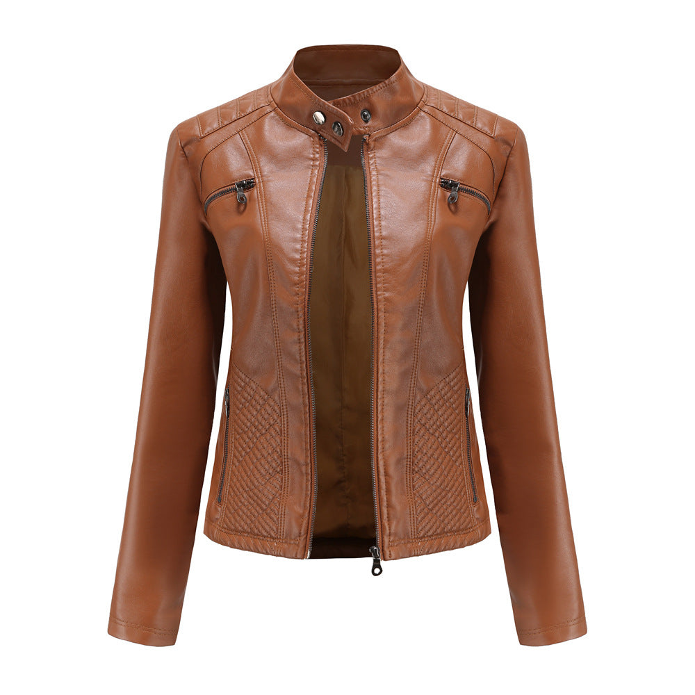 Women tailored biker jacket made of faux leather with quilted panels and stand-up collar Mune Fashion