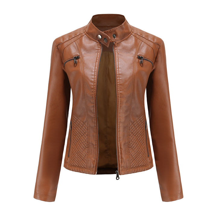 Women tailored biker jacket made of faux leather with quilted panels and stand-up collar Mune Fashion