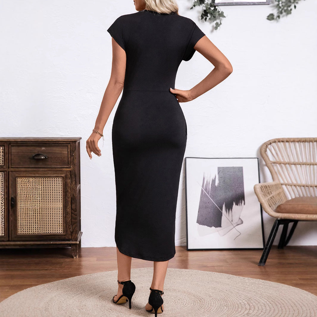 Women's Wrap Midi Dress with Draped Tulip Front and Short Cap Sleeves Mune Fashion