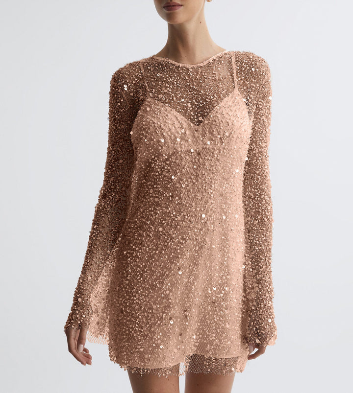 Ladies Glittering Cocktail Dress with Shimmering Sequins and Long Sleeves Mune
