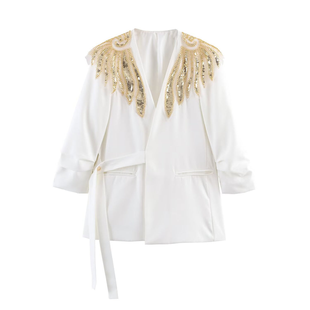 Women's Longline Blazer with Gold Embroidered Shoulders and Tied Belt Mune Fashion
