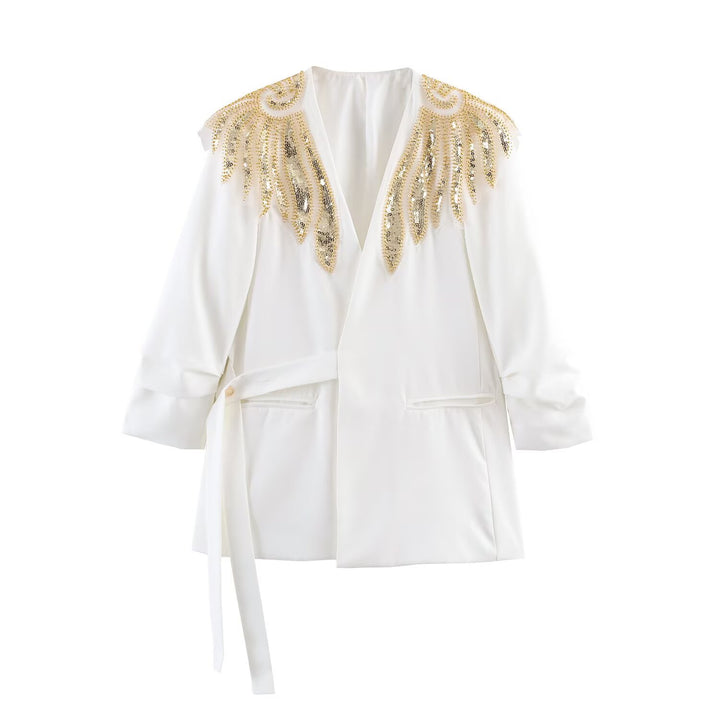 Women's Longline Blazer with Gold Embroidered Shoulders and Tied Belt Mune Fashion