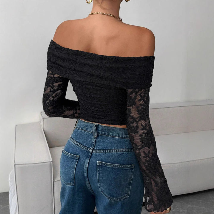 Women's form-fitting off-the-shoulder lace top with long trumpet sleeves Mune Fashion