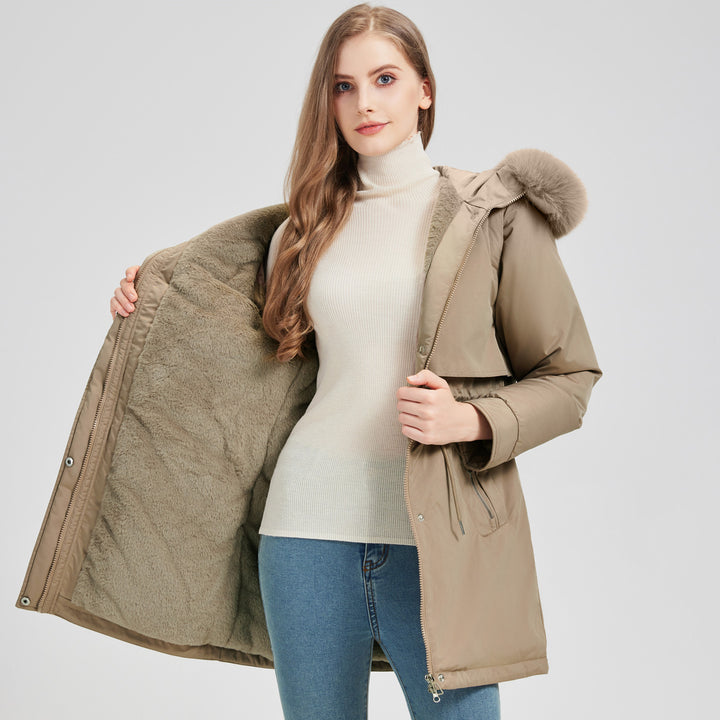 Women's tailored functional parka with asymmetrical front flap, adjustable drawstring, and wind-resistant stand-up collar Mune Fashion