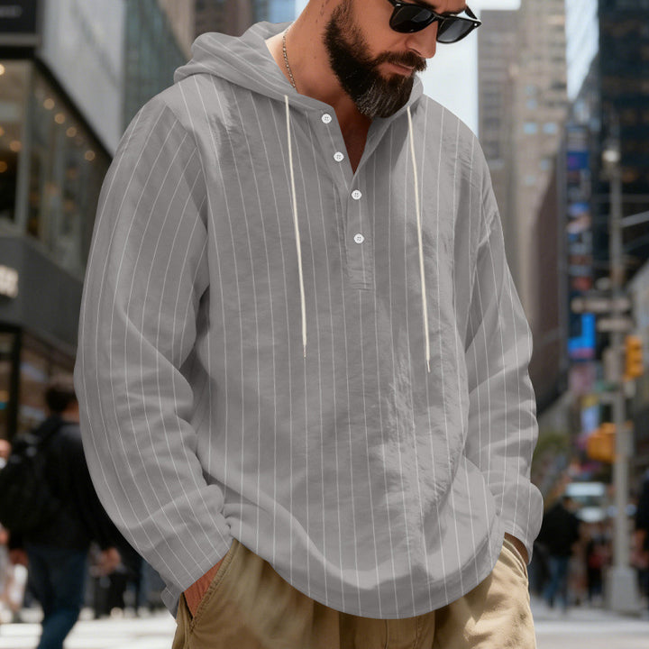 Men's Lightweight Hoodie Henley Shirt with Fine Pinstripes Mune Fashion