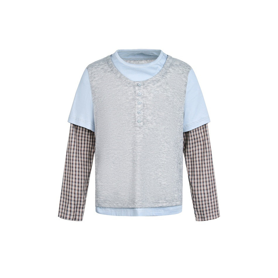 Unisex Layered Look Henley Shirt with contrasting plaid cuffs and short overshirt effect