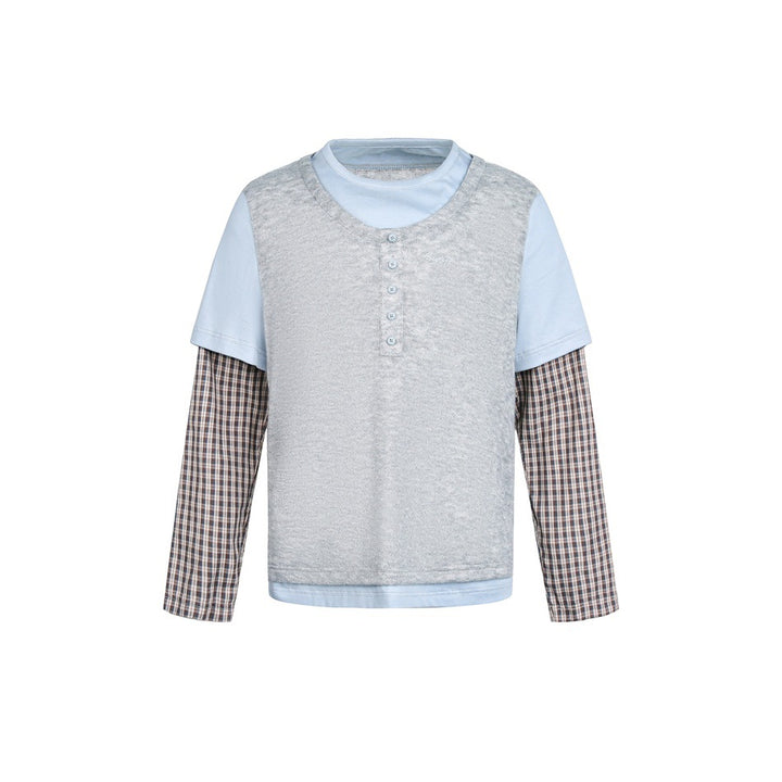 Unisex Layered Look Henley Shirt with contrasting plaid cuffs and short overshirt effect