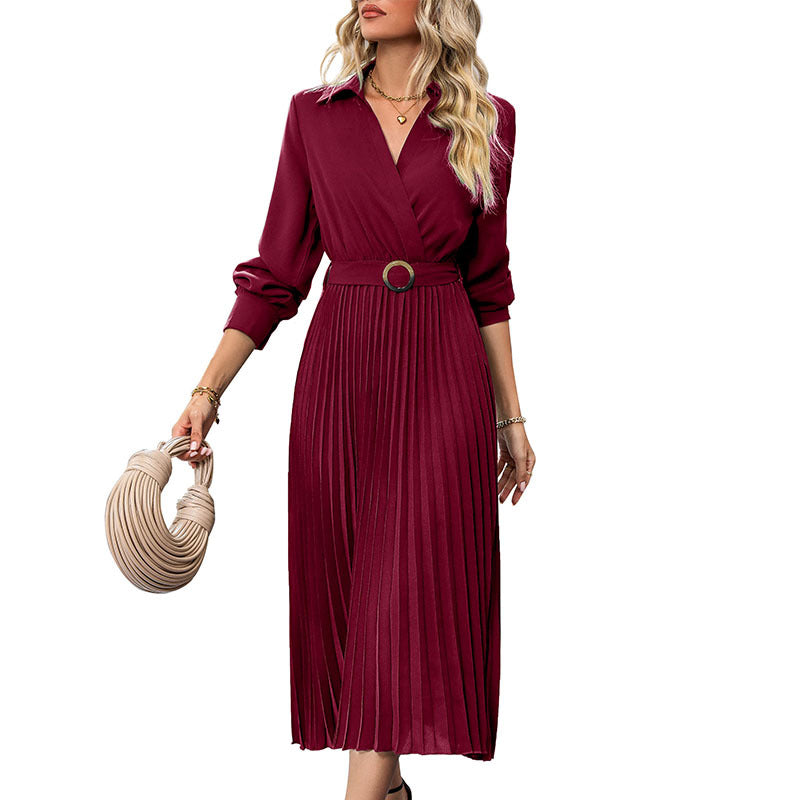 Women Elegant Pleated Dress with Belt Mune Fashion
