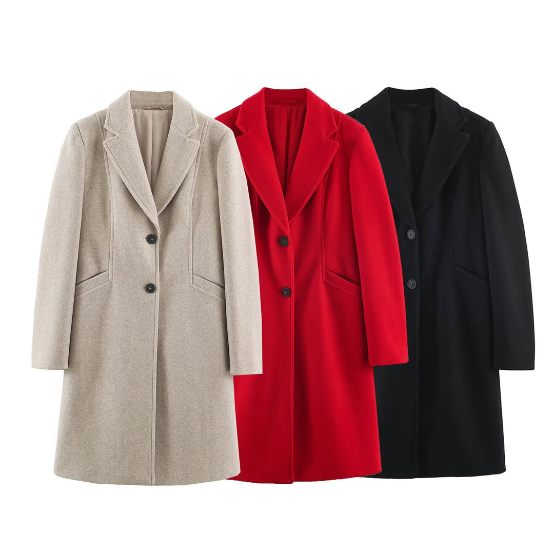 Women's Tailored Wool Look Coat with Notched Lapels and Welt Pockets Mune Fashion