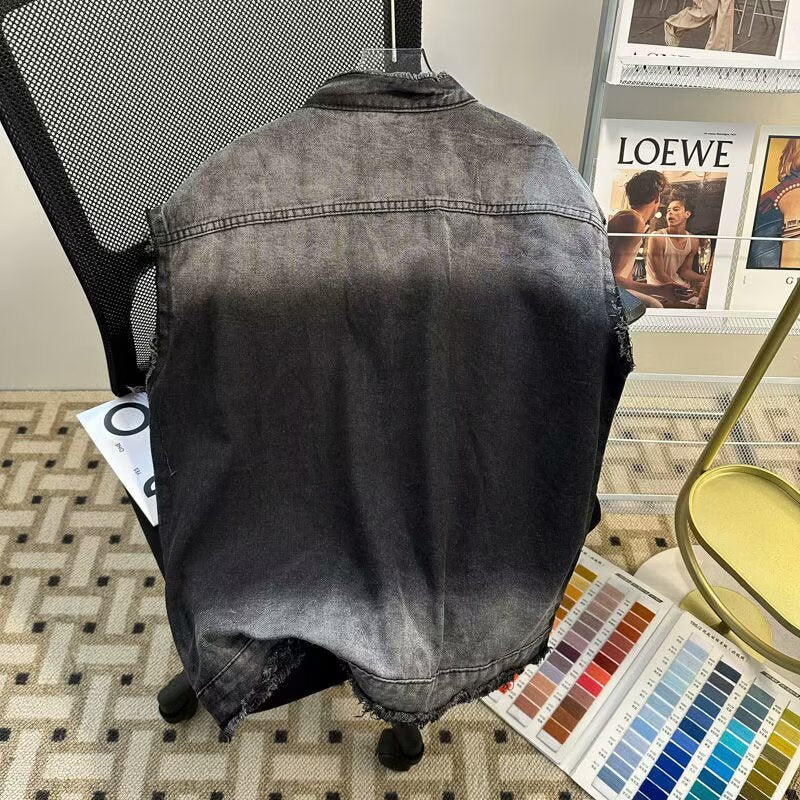 Men's Sleeveless Denim Vest in Vintage Used Look with Frayed Hem and Ombre Fading Mune Fashion