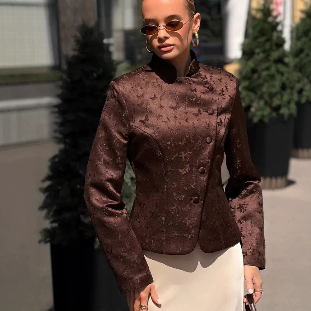 Women's Tailored Jacquard Blazer with Overlapping Lapels and Decorative Buttons Mune Fashion