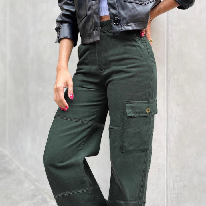 Women's High-Waisted Cargo Palazzo Pants with Seam Segments and Side Flap Pocket Mune Fashion