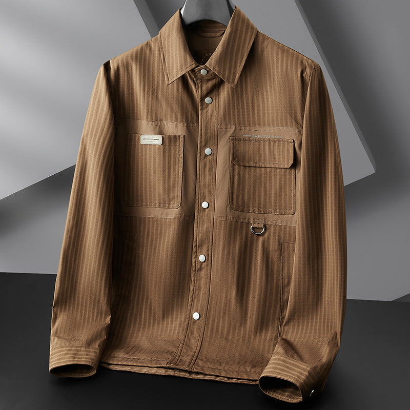 Men's utility transitional jacket in overshirt style with patch pockets and pinstripe texture Mune Fashion
