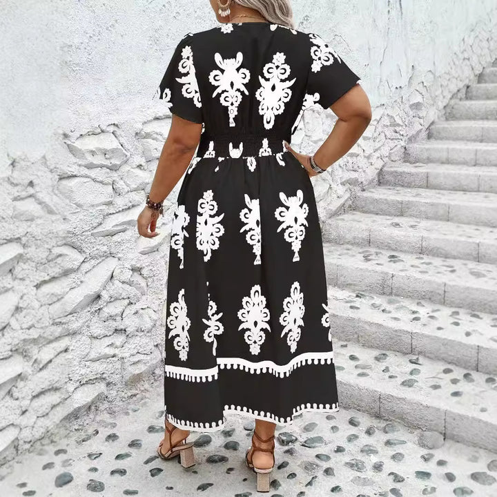 Women's Wrap Midi Dress with Tailored Draping and Decorative Border Print Mune Fashion