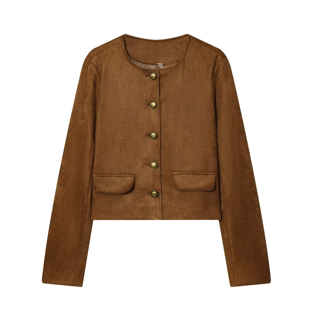 Women's Tailored Cropped Boucle Jacket with Decorative Button Placket and Flap Pockets Mune Fashion