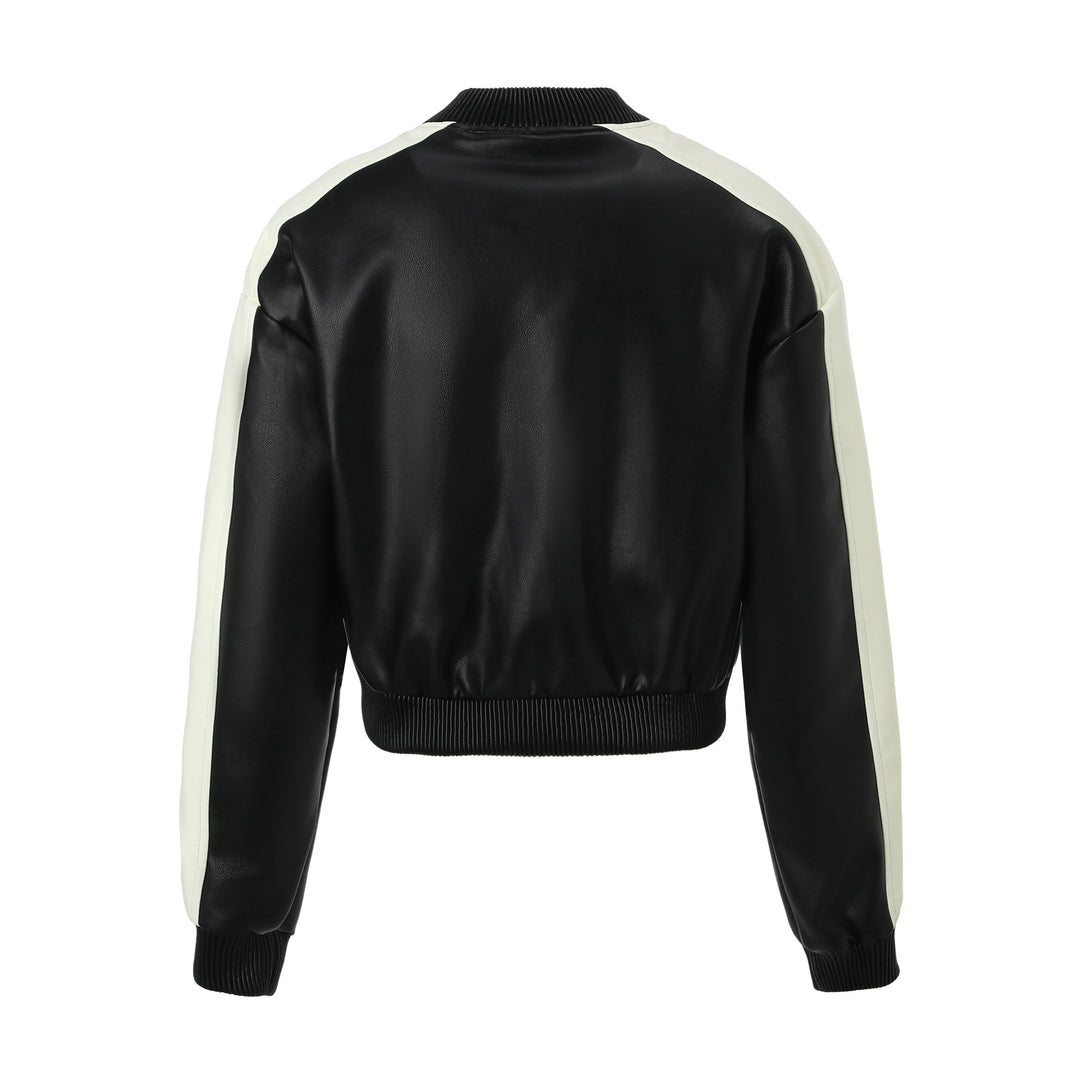 Women's Bicolor College Bomber Jacket made of Synthetic Leather with Ribbed Cuffs Mune Fashion