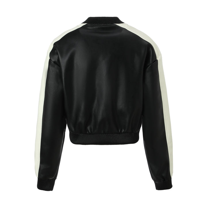 Women Cropped College Bomber Jacket made of faux leather with contrasting stripes and snap buttons Mune Fashion