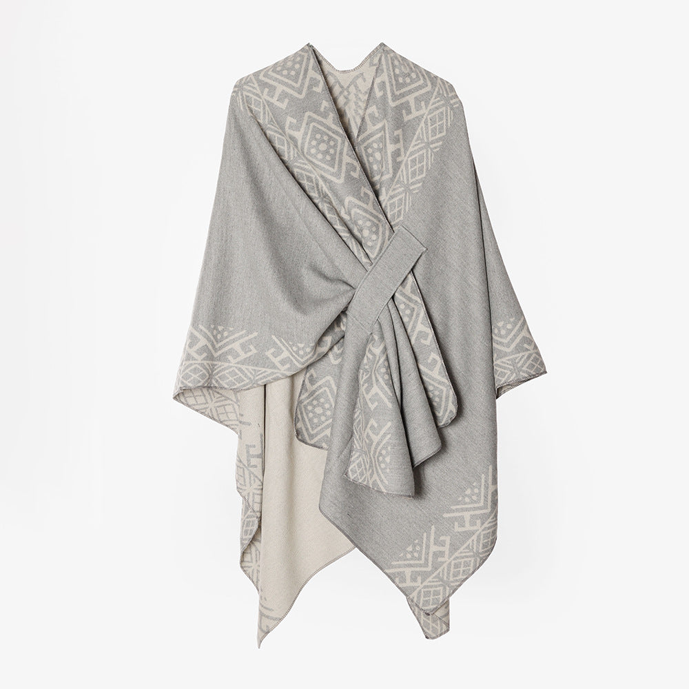 Women's cape poncho with knot closure, double-layer jacquard and soft wool blend Mune Fashion