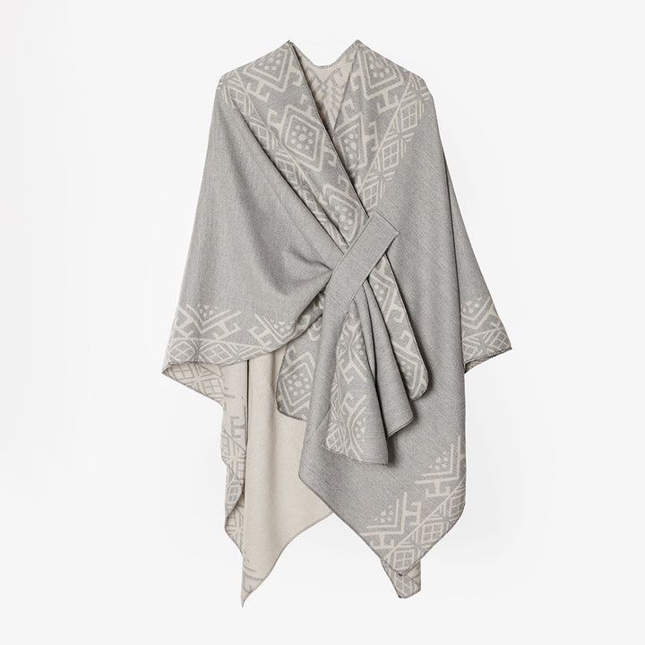 Women's cape poncho with knot closure, double-layer jacquard and soft wool blend Mune Fashion