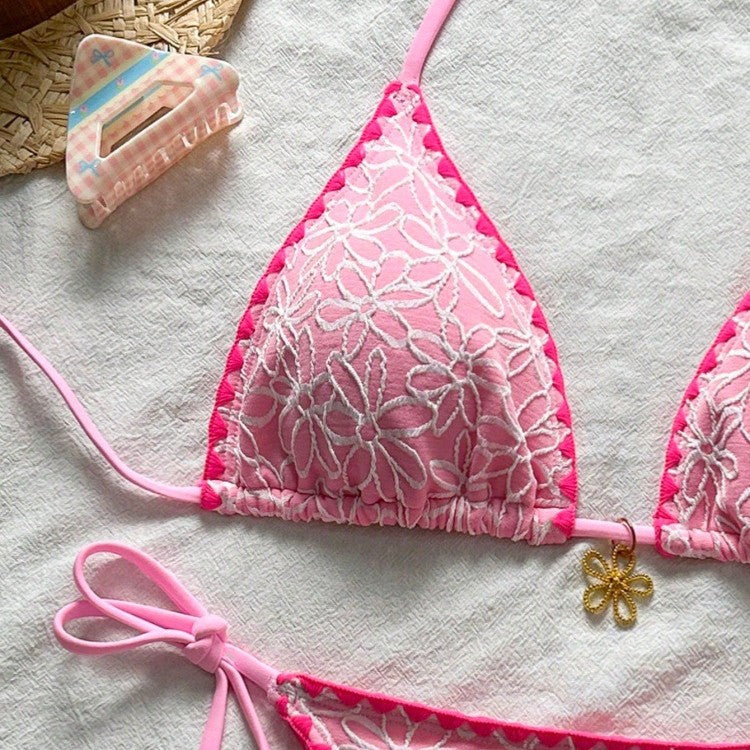 Women Triangle Bikini Set with Floral Embroidery Mune Fashion