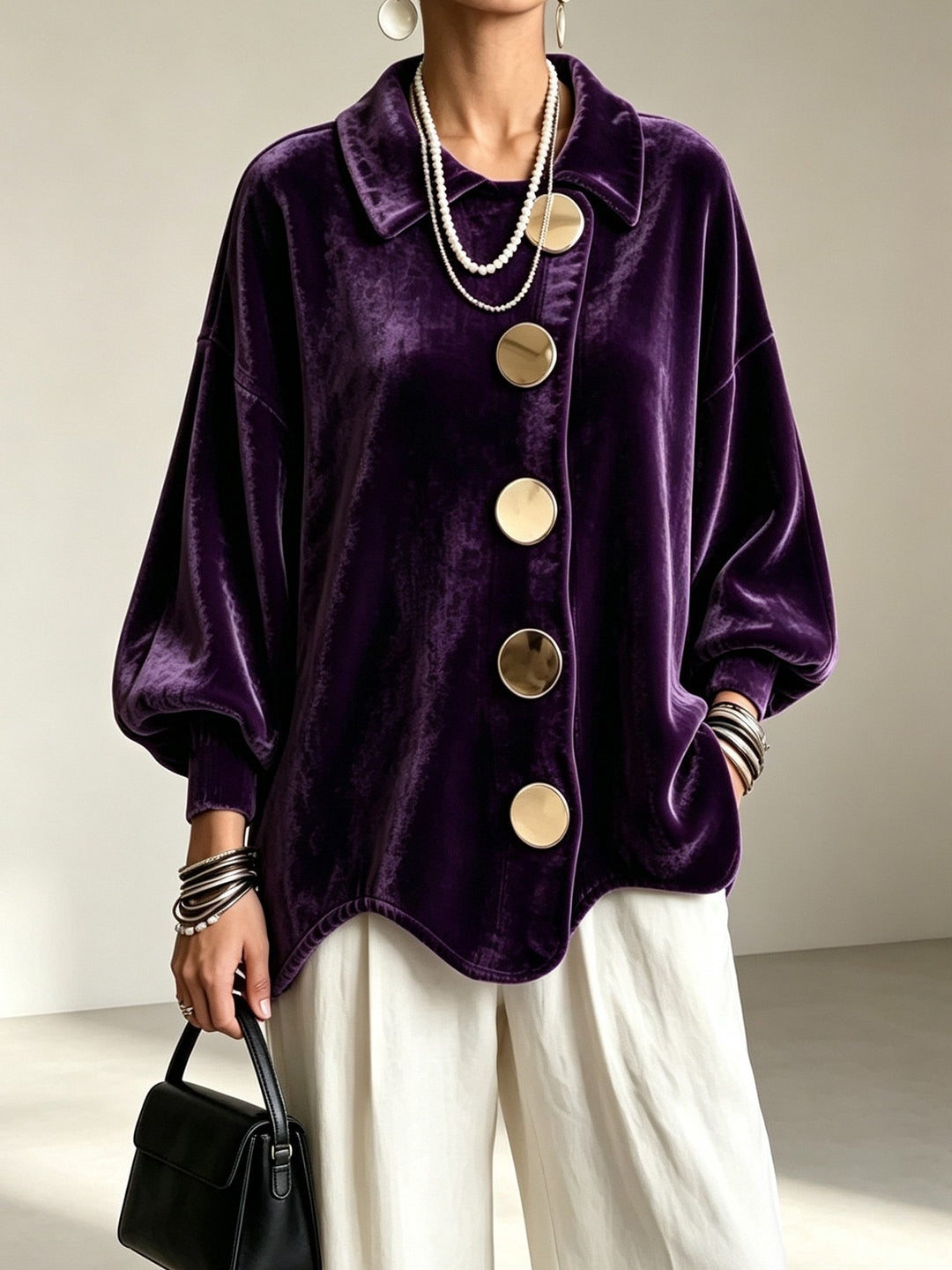 Women's Oversized Velvet Jacket with Large Decorative Buttons and Balloon Sleeves Mune Fashion