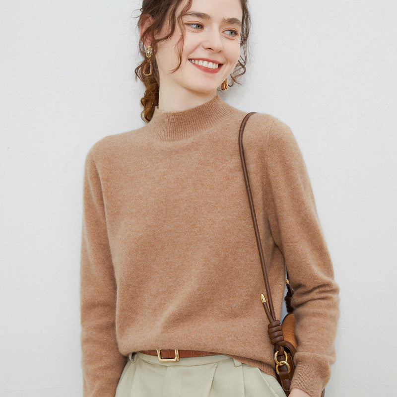 Women's soft fine-knit mock neck pullover with angora look and casual silhouette Mune Fashion