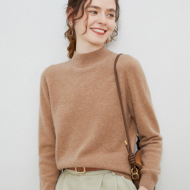 Women's soft fine-knit mock neck pullover with angora look and casual silhouette Mune Fashion