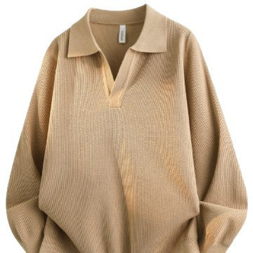 Unisex Oversized Fine Knit Polo Sweater with Open V-Neck and Casual Silhouette Mune Fashion