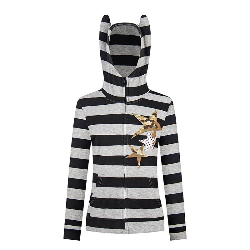 Women's hooded jacket with ears, striped zip cardigan and star appliqués Mune Fashion