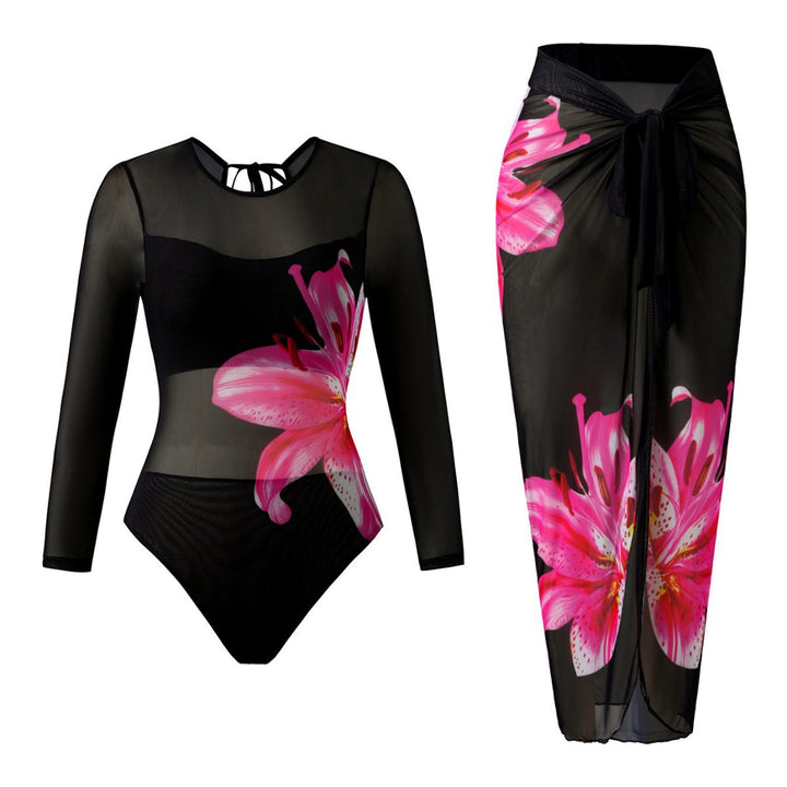 Women Elegant Swimsuit with Long Sleeve and Transparent Wrap Skirt Mune Fashion