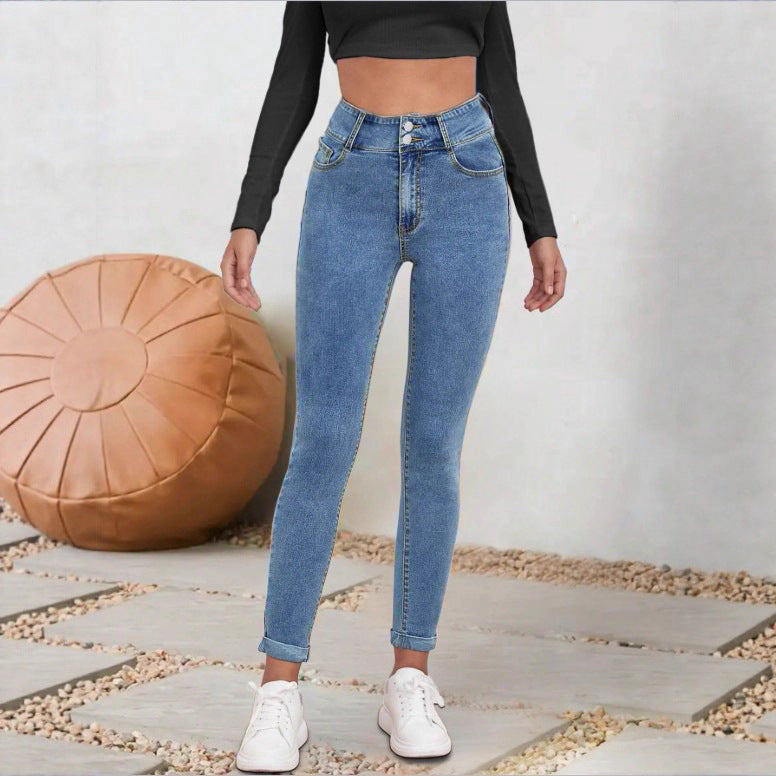 Women High-Waisted Sculpting Skinny Jeans with Double Button and Cuff Detail Mune Fashion