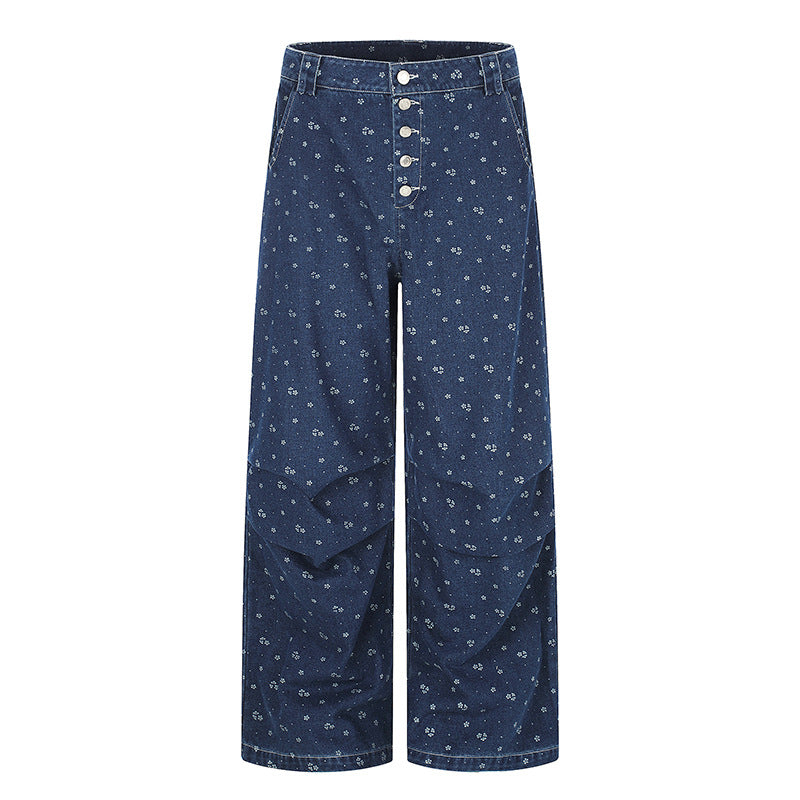 Women's High-Waist Culotte Jeans in Palazzo Cut with Visible Button Placket and Fine Floral Print Mune Fashion