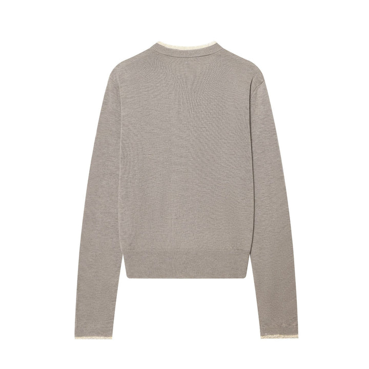 Women's short-cut fine-knit cardigan with round neckline, continuous button placket, and delicate lace edge Mune Fashion