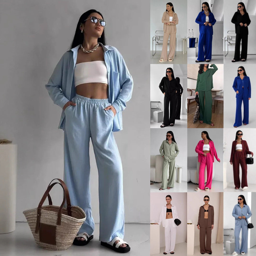 Women Two-Piece Lounge Set Oversize Blouse with Chest Pocket and Wide Palazzo Pants Mune Fashion