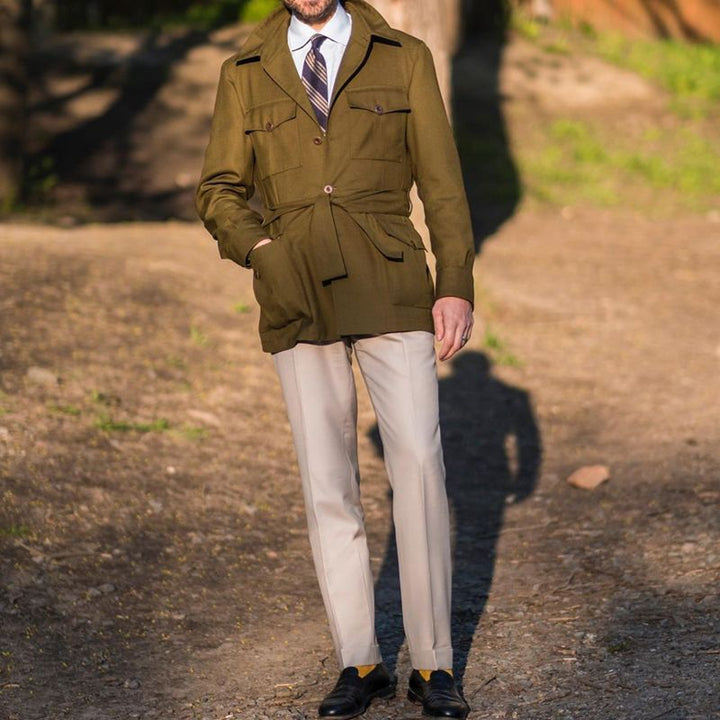 Men's Tailored Field Jacket with Tie Belt, Flap Pockets and Kent Collar Mune Fashion