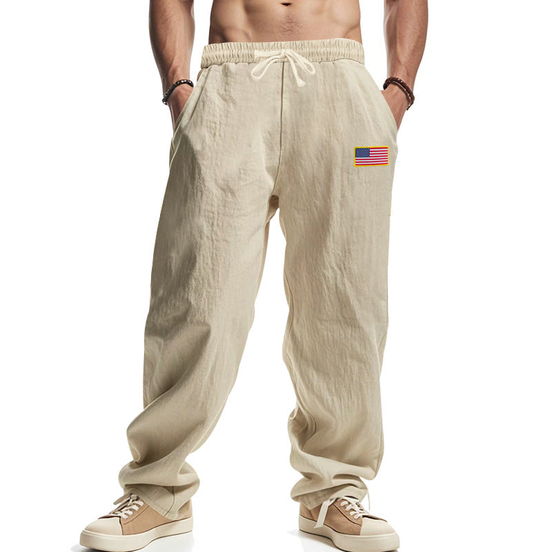 Men's casual cotton-linen lounge pants with elastic waistband, drawstring, and discreet flag application Mune Fashion