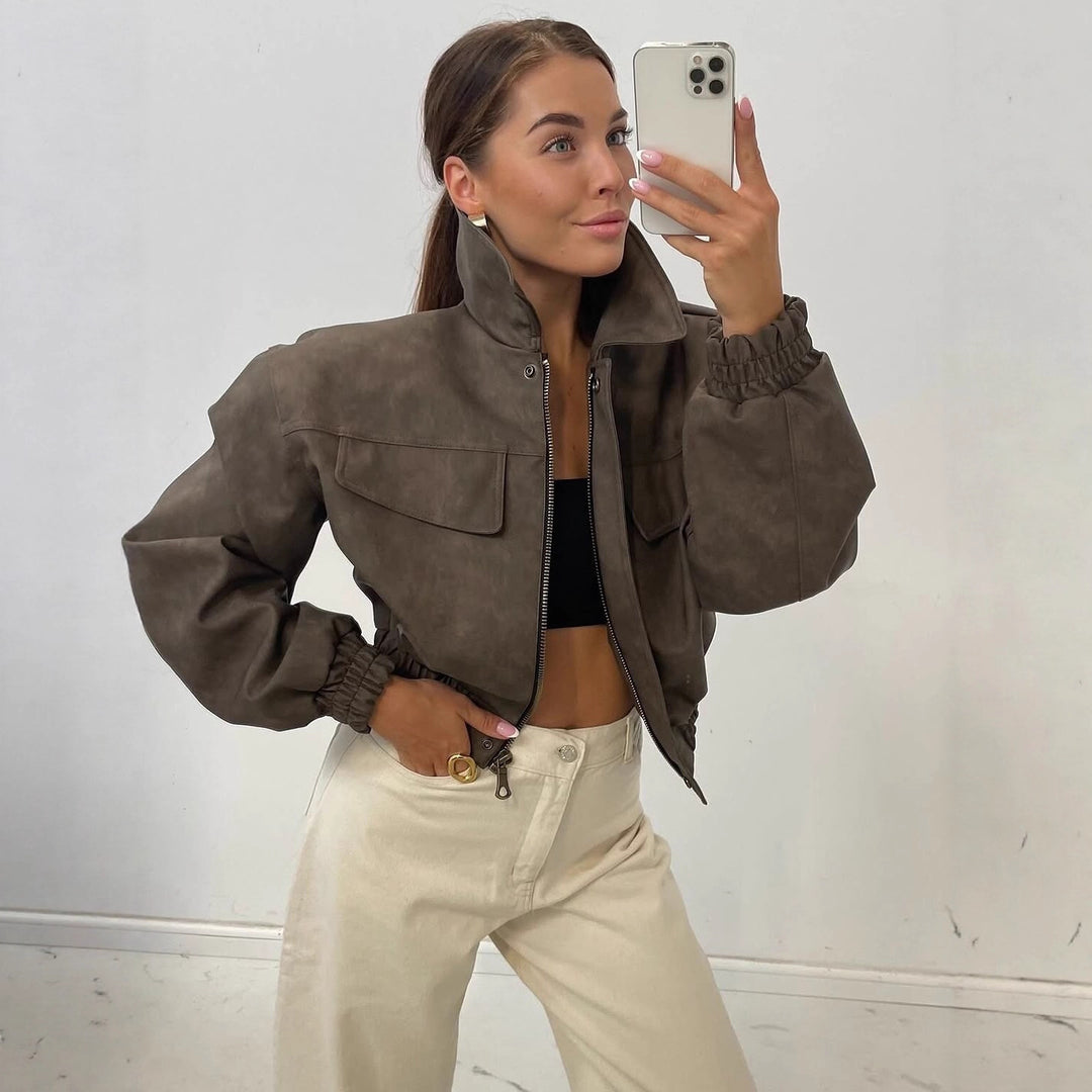 Women short cut faux leather jacket with patch chest pockets Mune Fashion