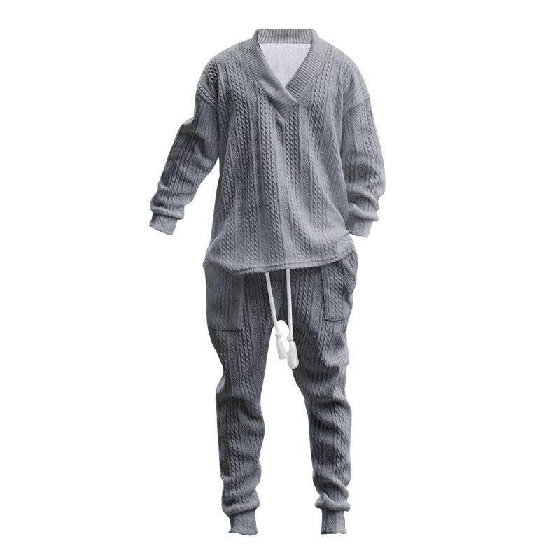 Men's comfortable cable knit set with deep V-neck, drawstring joggers and cuff Mune Fashion